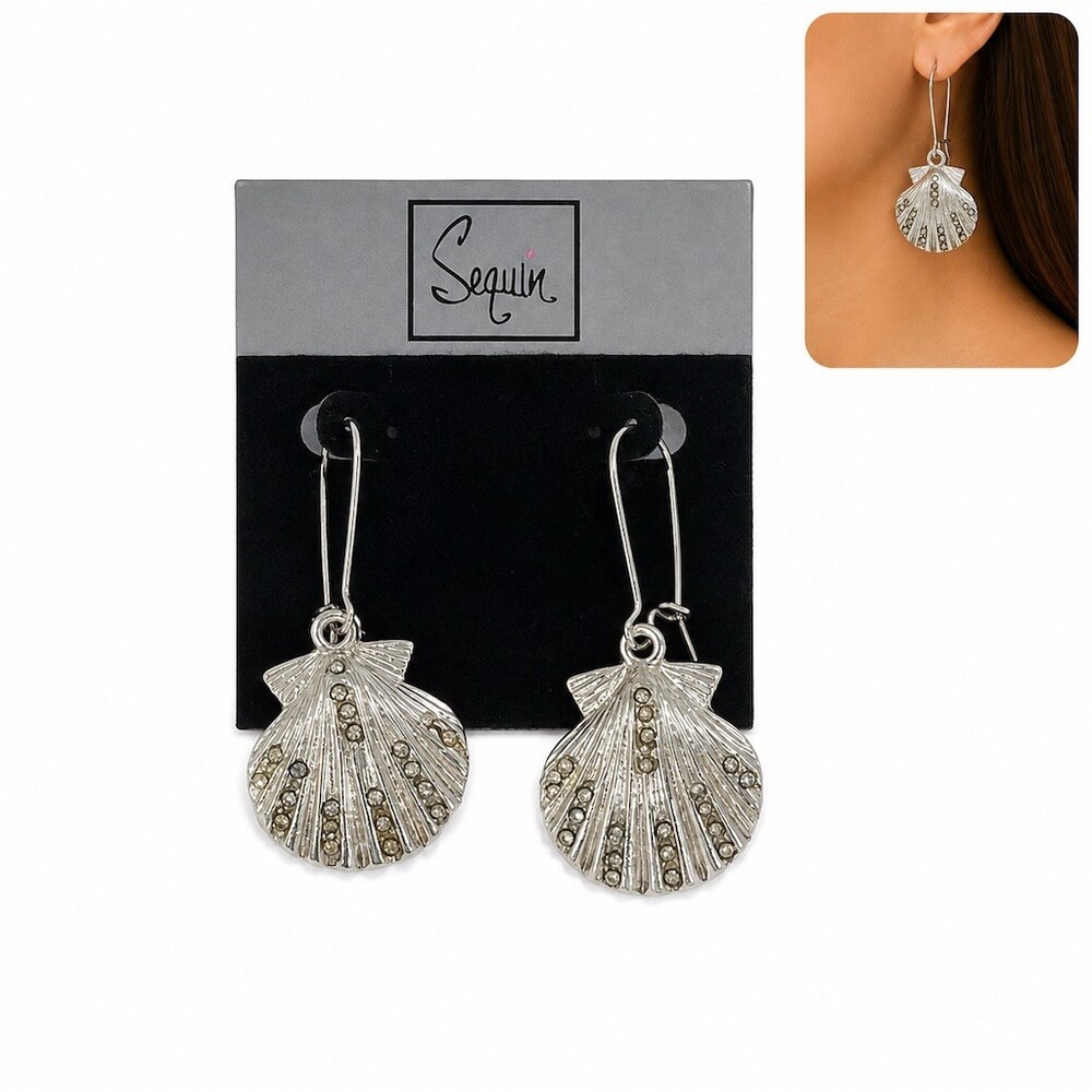 $38 Nordstrom sequin Scallop Shell Dangle Earrings Silver Rhinestone Fish Hook